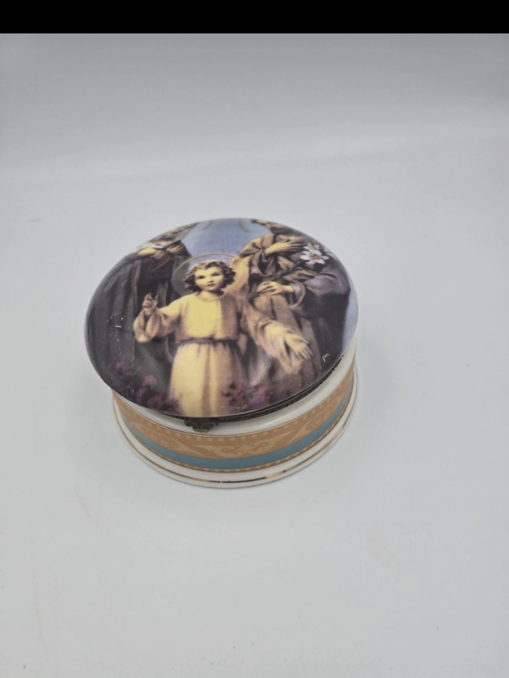 Religious Decorative Trinket Box with Angel Motif - Cream and Blue